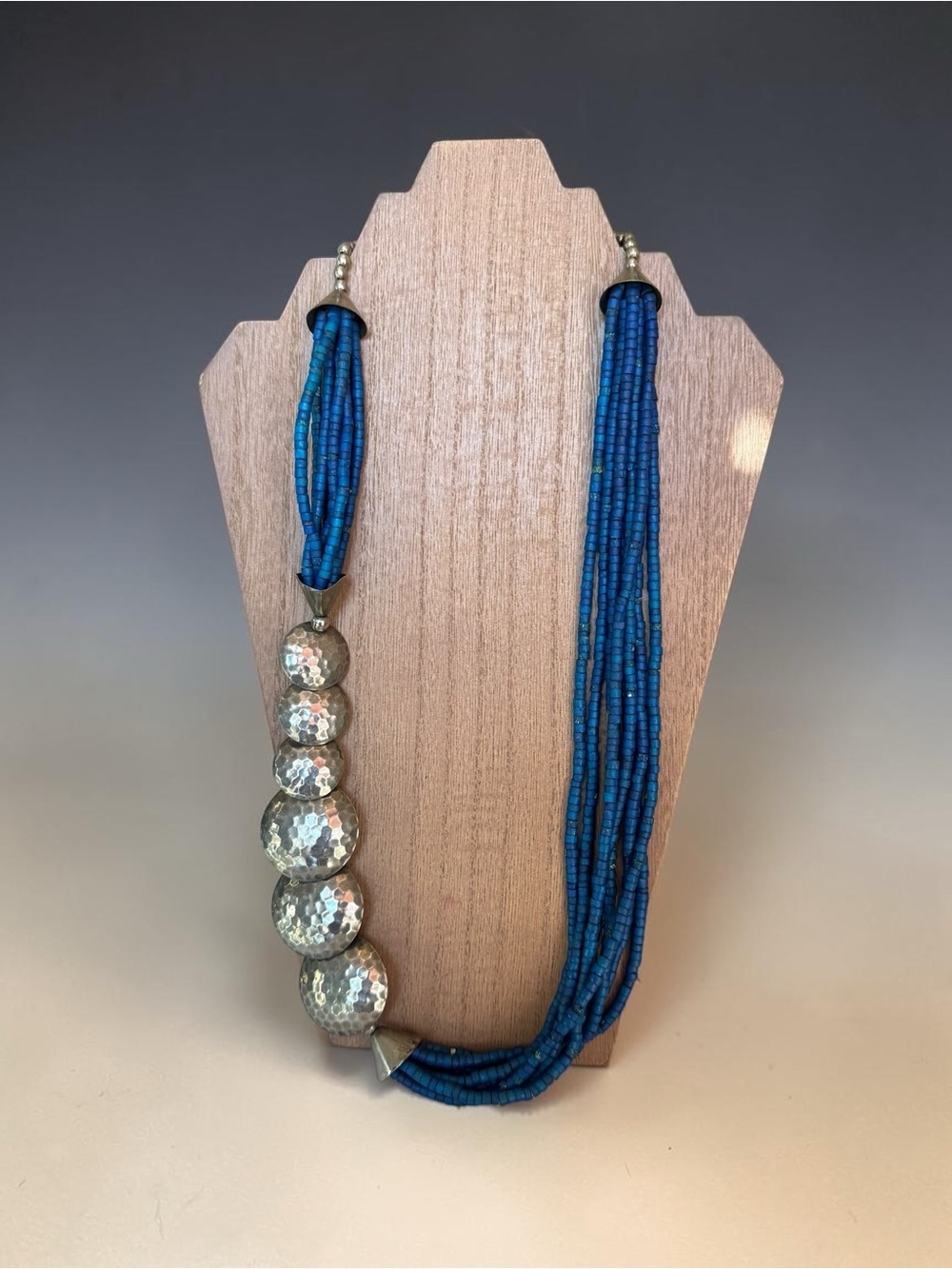 Blue Beaded Multi-Strand Necklace with Hammered Silver Accents